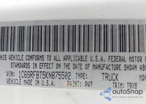 2019 Ram 1500 Big Horn/Lone Star Quad Cab 4X4 6'4 Box z USA, uszkodzony, nr VIN 1C6SRFBT5KN875502